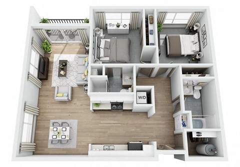 Floor plan for 2 beds, 2 baths, 1087 sqft